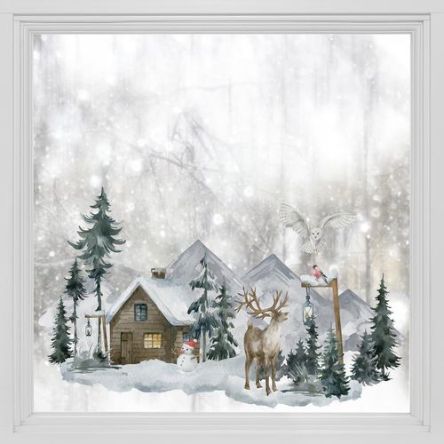 Autocollant double face pour fenêtre de Noël - Non adhésif - Décoration de porte - Revêtement en verre - Paysage forestier 2