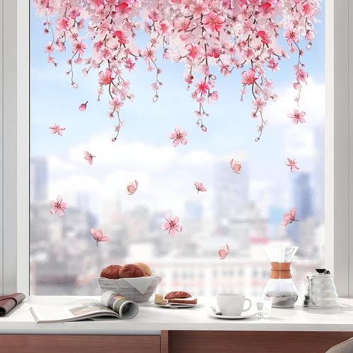 Fleur Cerisier Stickers Fenetre Fleurs Roses Autocollant Fenetre Suspendues Printemps Appliques Sticker Fenetre s de Porte Vitre Fenêtre en Verre Antistatique Double Face