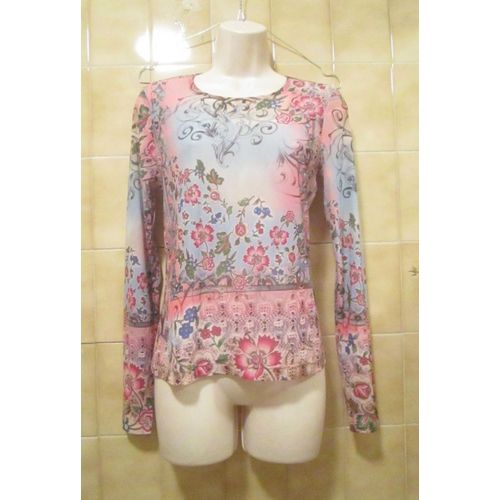 T-Shirt Tee-Shirt Tunique Haut Blouse Rose Et Bleu À Motifs Boho Bohème Et Perles, T. 36