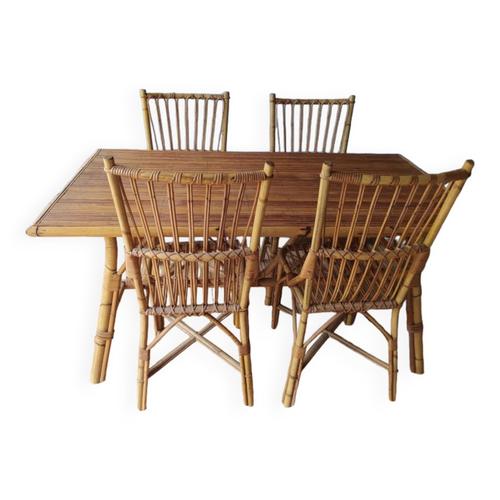 Table Et Ses 4 Chaises En Rotin Vintage Bois