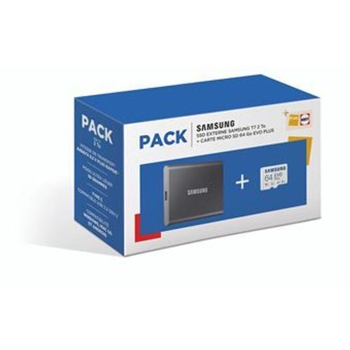 Pack Samsung SSD Externe T7 2 To avec Carte micro SD 64 Go EVO Plus