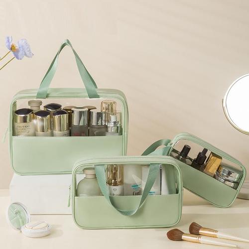 Trousse de Toilette Transparente Voyage ?tanche Portable Pour Homme Femme 3 PCS Set Trousse de Rangement en Cuir PU - Vert