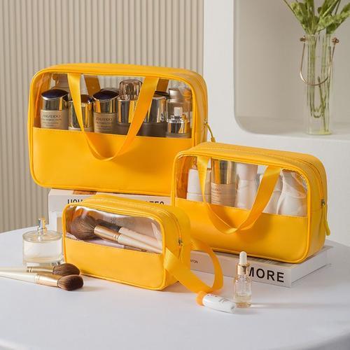 Trousse de Toilette Transparente Voyage ?tanche Portable Pour Homme Femme 5 PCS Set Trousse de Rangement en Cuir PU - Jaune