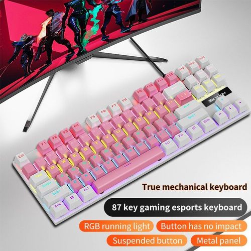 SKYLION K87 Clavier Mécanique Filaire 20 Sortes de Jeu D'éclairage Coloré et Bureau Pour Microsoft Windows et Apple IOS Système - Type pink-white-Red axis #A
