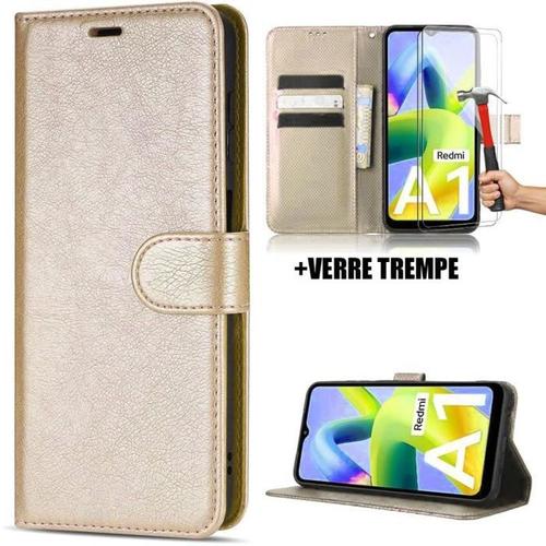 Coque Pour Xiaomi Redmi A1/A2 + 2 Verres Trempés, Effet Cuir Antichoc Intégral Portefeuille Doré