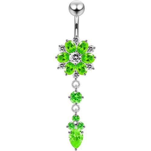 Fleur Double Couche Pierre Cz Avec Queue De Fleurs Pendantes 925 Argent Sterling Ventre Barre Piercing Bijoux