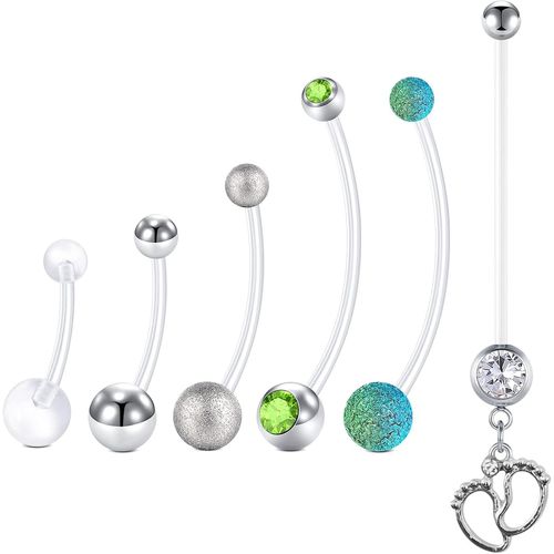 6pièces 14g Anneaux De Piericng Nombril De Grossesse Barres Bioflex Acrylique De Maternité Long Barbells Pieds De Bébé Dangle Cz Retainer Body Piercing Bijoux 14mm 18mm 25mm 32mm