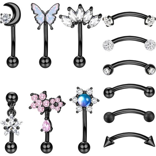 12pcs Piercing Rook Sourcils Nombril Nez Piercing Oreille Cartilage Tragus Helix Rook Acier Inoxydable Sourcils Anneaux De Lèvres Cz Opale Courbe Barbell Bijoux Pour Femmes