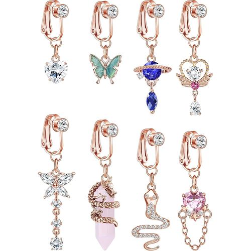 8pcs 14g Faux Piercing Nombril Acier Chirurgical Pour Femme Serpent/Coeur/Papillon/Cz Clip Sur Piercing Nombril Dangle Non Percé Faux Piercing Bijoux