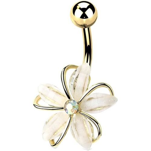 Piercing Nombril Banane En Acier Chirurgical 316 L Et Oxydes De Zirconium - Délicate Fleur Avec Cinq Pétales Acier Et Zircons Et Zircon Central Rond -