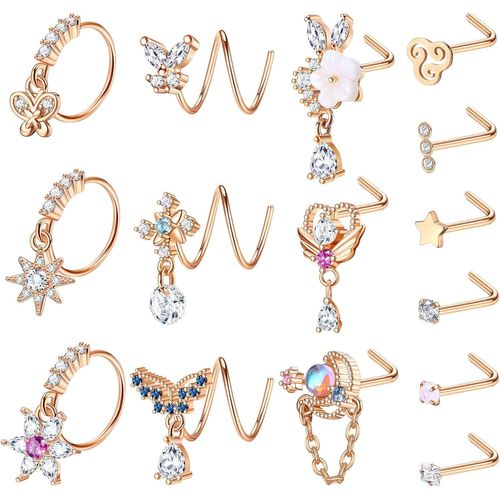 15 Pièces 20g Boucle De Nez Bague De Nez Pour Femmes Nose Stud Ring L Acier Inoxydable Zircon Courbé Piercing Nasal Bijoux