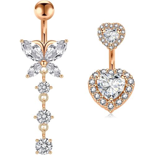 14g 6-10mm Piercing Nombril Acier Inoxydable Piercing Nombril Piercing Barre De Ventre Femme Double Coeur Papillon Diamante Piercing Bijoux