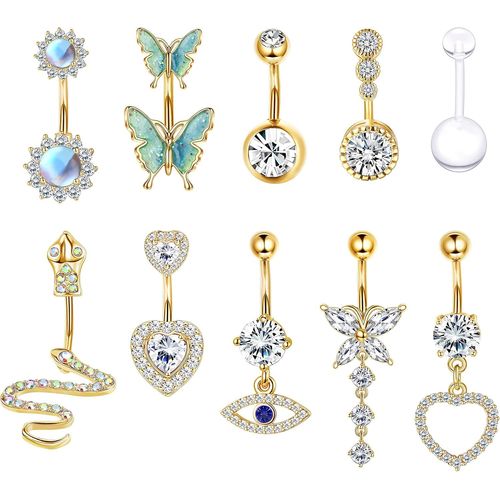 14g Piercing Nombril Acier Chirurgical 316l Dangly Nombril Piercing Bijoux Longue Chaîne Cz Pierre De Lune Serpent Coeur Papillon Nombril Belly Bar Pack Argent Or 10pcs