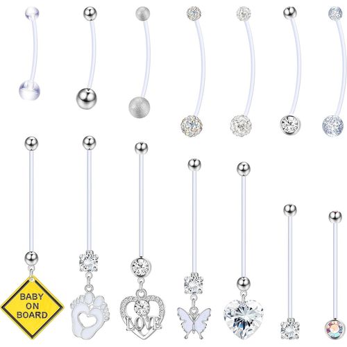 Piercing Nombril Grossesse Maternité Acrylique Bioflex 14/18/25/32mm 14g Anneau De Nombril Cz Long Barbells Baby Feet Dangly Plastique Grossesse Nombril Piercing Bijoux