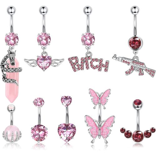9pcs 14g Piercing Nombril De Acier Churirgical Pour Femme Mode Rose Bleu Violet Cz Papillons C?ur Ak47 Piercing Anneau De Ventre Simple Inversé Anneaux De Nombril Piercing Bijoux De Corps