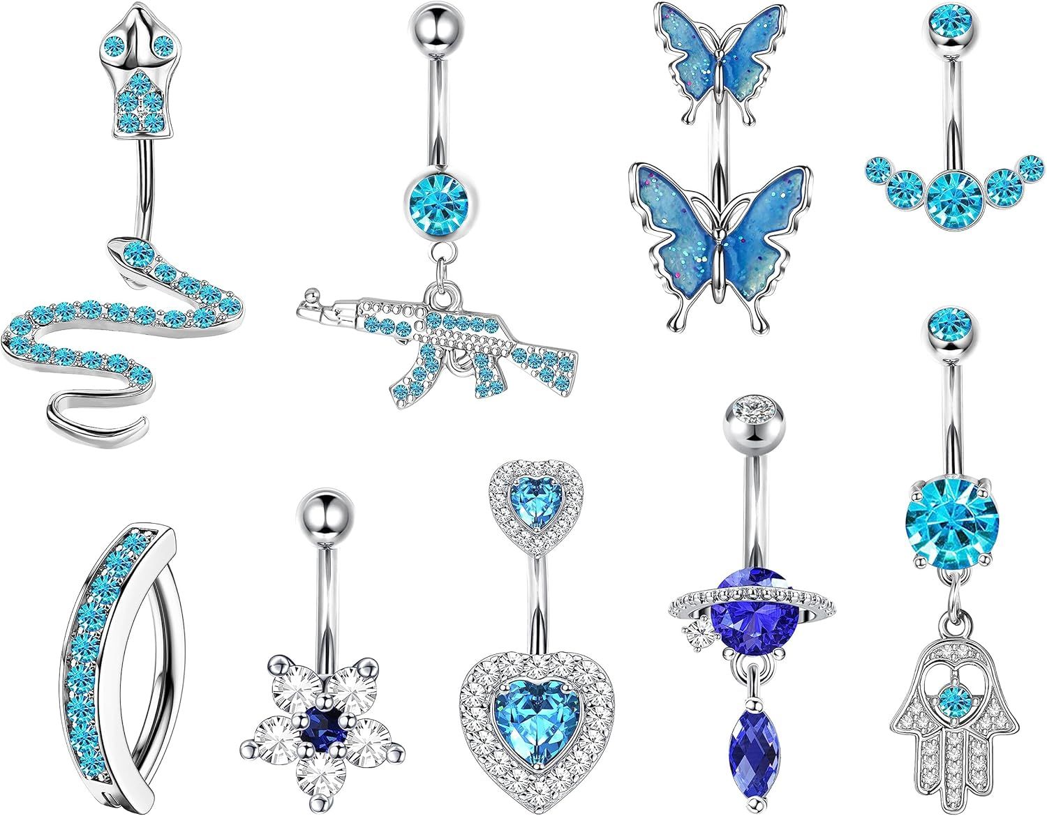 9pcs 14g Piercing Nombril De Acier Churirgical Pour Femme Mode Rose Bleu Violet Cz Papillons C?ur Ak47 Piercing Anneau De Ventre Simple Inversé Anneaux De Nombril Piercing Bijoux De Corps