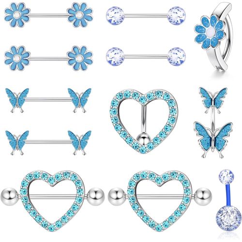14g Piercing Téton Et Piercing Nombril Parures Pour Femme En Acier Chirurgical Cz Papillon Fleur Coeur Barbell Mamelon Piercing Langue Anneaux Ensemble Corps Piercing Bijoux