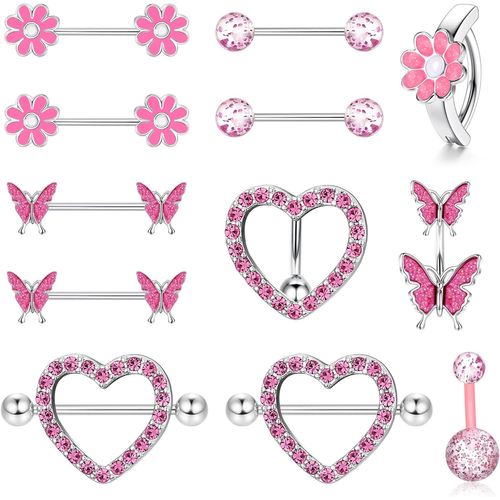 14g Piercing Téton Et Piercing Nombril Parures Pour Femme En Acier Chirurgical Cz Papillon Fleur Coeur Barbell Mamelon Piercing Langue Anneaux Ensemble Corps Piercing Bijoux