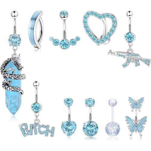 9-10 Pcs Piercing Nombril Anneaux Nombril Pour Femmes Acier Inoxydable Cz Papillon Belly Dangle Piercing Rose/Blanc/Bleu Nombril Corps Piercing Bijoux