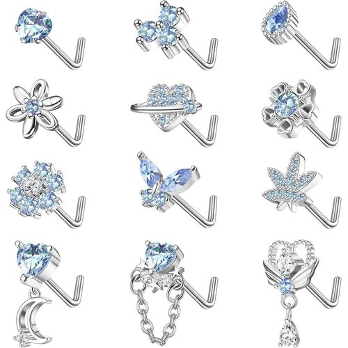 12pièces 20g Boucle De Nez Bague De Nez Pour Femmes Nose Stud L Acier Inoxydable Zircon Courbé Piercing Nasal Bijoux