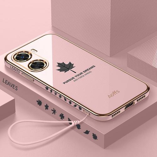 Etui Coque Pour Huawei P40 Enjoy Straight Edge Electroplated Maple Leaf All-Inclusive Anti-Fall Soft Silicone Mobile Phone Case, [Fille Rose] Feuille D'érable + Laniere