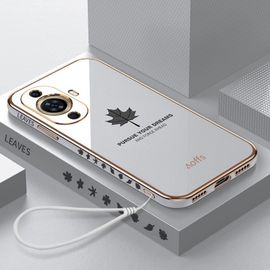 Etui Coque Pour Coque De Téléphone En Silicone Antichoc Tout Compris Avec Feuille D'érable Galvanisée Pour Iphone 13 Pro, [Blanc Élégant] Feuille D'érable + Laniere