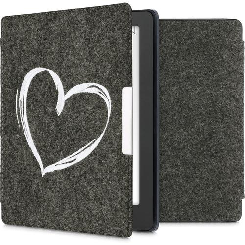 Étui Liseuse Compatible Avec Kobo Aura H2o Edition 2 - Housse À Rabat Magnétique En Feutre Pour Ebook - C?ur Peint Blanc-Gris Foncé