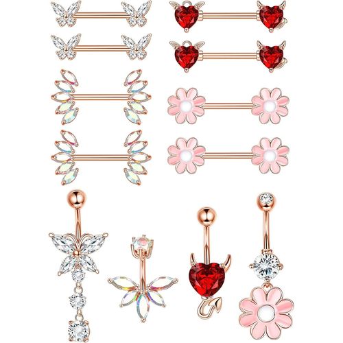 12 Pièces Anneaux De Mamelon Barres De Nombril Pour Les Femmes 14g 316l Acier Inoxydable Chirurgical Courbé Nombril Haltère Mignon Papillon Fleur Ventre Piercing Mamelon Piercing