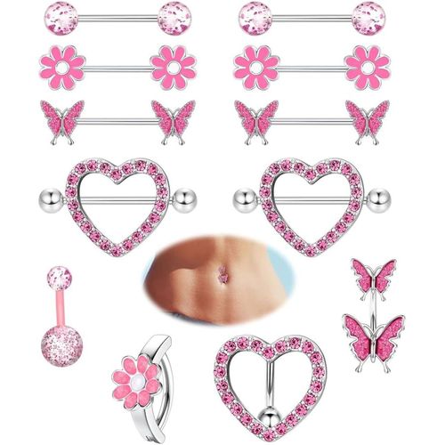 Lot De 12 Piercings De Téton En Acier Chirurgical De 14 G Pour Femme, Anneau De Nombril Délicat En Forme De Papillon En Forme De C?ur, Ensemble De Bijoux De Piercing De Téton En Forme De Fleur