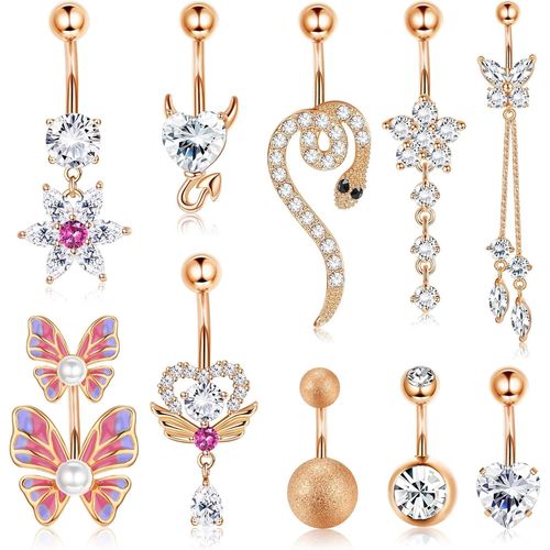 10pcs Piercing Nombril Pour Femmes Acier Chirurgical Anneau De Nombril Avec Pendentif Cz Serpent Lune Étoile Inverse Banana Ventre Barbell Piercing Bijoux De Nombril Corps