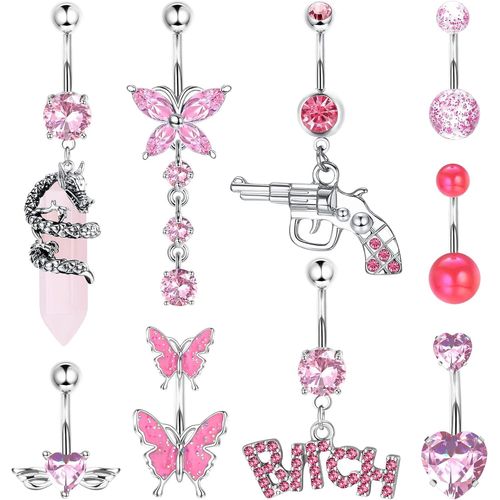 9pcs 14g Piercing Nombril Acier Chirurgical Anneau Nombril Femme Dangling Cz Serpent Papillon Chauve-Souris Revolver Coeur Pendant Piercing Au Nombril