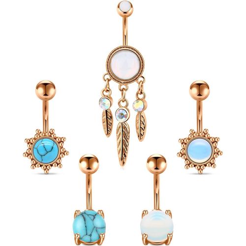 5pcs Piercing Nombril Acier Chirurgical 14g 10mm Anneau De Nombril Clou Piercing De Ventre Pendentif Opale Turquoise Bananes Bijoux Piercing Corps Argent Or Rose