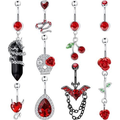 9pcs 14g Piercing Nombril Acier Chirurgical Anneau Nombril Femme Dangling Cz Serpent Papillon Chauve-Souris Revolver Coeur Pendant Piercing Au Nombril
