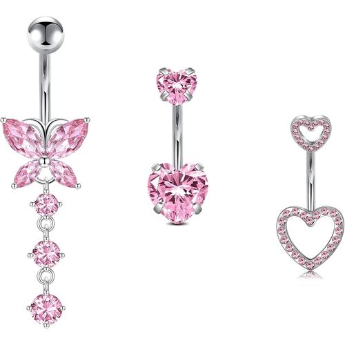 3 Pièces 14g Piercing Nombril Acier Inoxydable Cz Coeur Argent Or 10mm Piercing Ventre Anneaux De Nombril