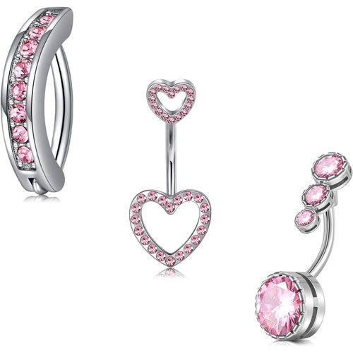 3 Pièces 14g Piercing Nombril Acier Inoxydable Cz Coeur Argent Or 10mm Piercing Ventre Anneaux De Nombril