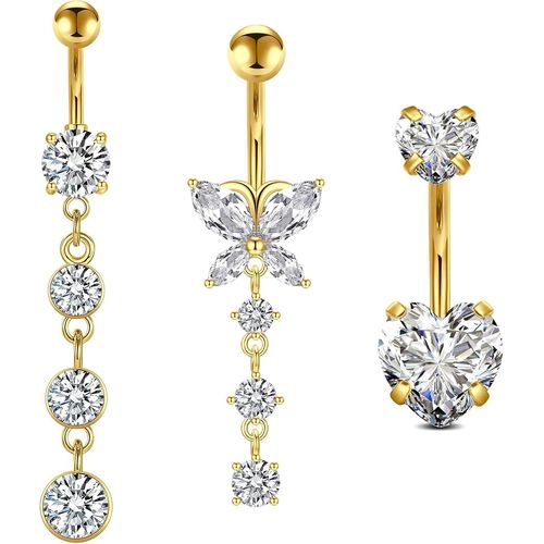 Lot De 3 Piercings De Nombril Argentés Et Dorés En Acier Chirurgical 14 G 10 Mm Piercing De Nombril Papillon C?ur Piercing De Nombril Piercing De Nombril Piercing De Nombril