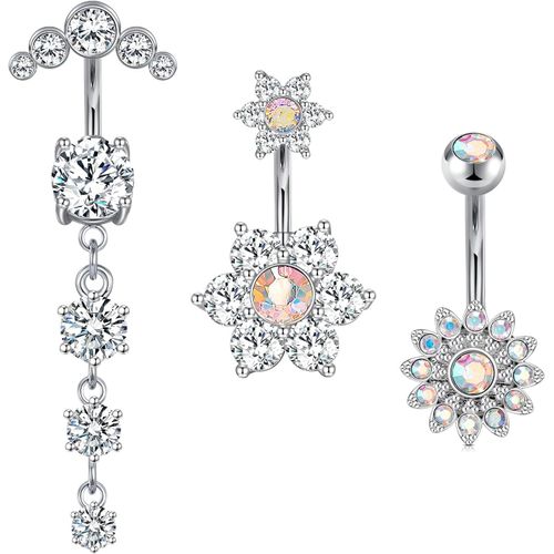 3pcs Piercing Nombril Acier Chirurgical 14g 10mm Fleur Papillon Ventre Anneau Nombril Banane Piercing