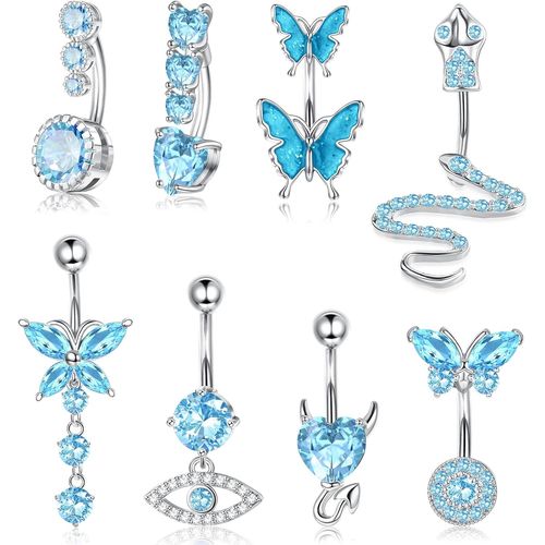 8pcs Piercing Nombril Acier Inoxydable,Mignon Serpent Plaqué Or Mauvais ?il Coeur Clair Cz Papillon,14g Piercing Nombril Pendant Pour Femme