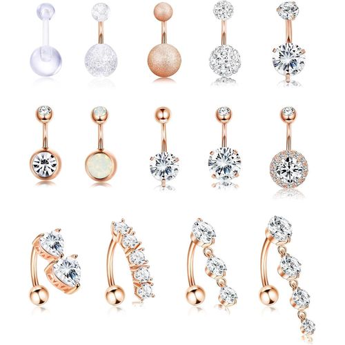 14 Pièces Piercing Nombril 14g Acier Inoxydable Piercing Au Nombril Inversé Barre Argent Or Rose Anneaux Nombril Courbé Barbell Cz Corps Piercing Bijoux Nombril Pour Femme Fille