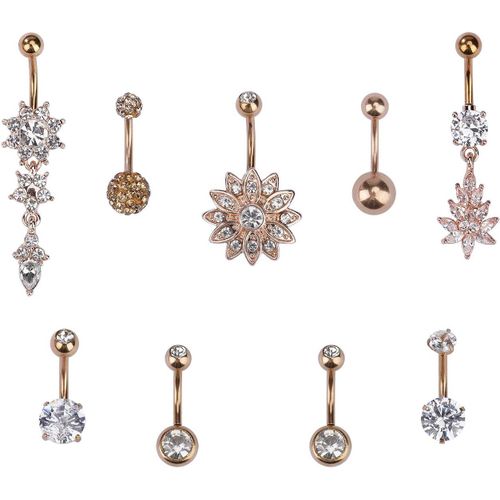 Barres De Ventre En Acier Chirurgical Anneaux De Nombril Boule De Cristal Anneaux Piercing Bijoux 9 Pièces