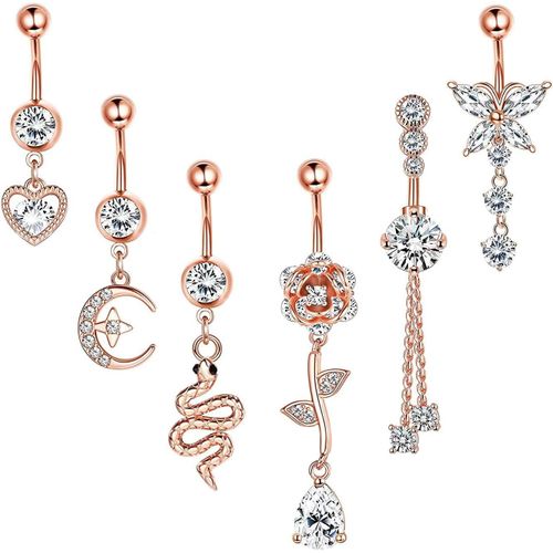 7pcs 14g Piercing Nombril Anneaux Pendante Pour Femme En Acier Inoxydable Serpent Papillon Fleur Effacer Cz Balancent Nombril Anneaux Corps Piercing Bijoux