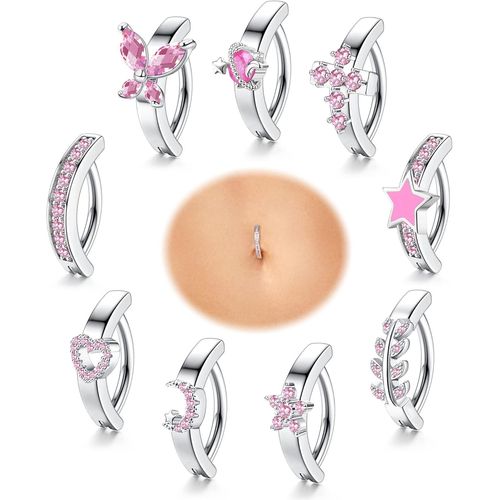 9pcs 14g Clicker Anneau De Nombril Acier Chirurgical Pour Femmes Anneau De Nombril Cz Coeur Papillon Nombril Piercing Simple Inverse Anneau De Barbell Nombril Corps Piercing Bijoux