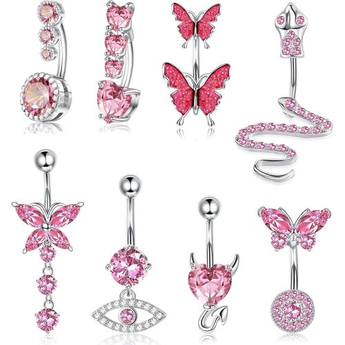 8pcs Piercing Nombril Acier Inoxydable,Mignon Serpent Plaqué Or Mauvais ?il Coeur Clair Cz Papillon,14g Piercing Nombril Pendant Pour Femme
