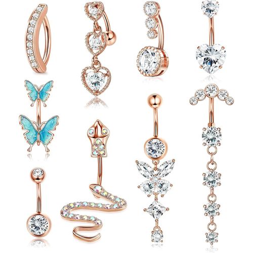 9 Pièces 14g Piercings Nombril Acier Chirurgical Pour Femmes Long Pendentif Ventre Piercing Cz Coeur Serpent Papillon Clicker Nombril Piercings Ensemble De Bijoux