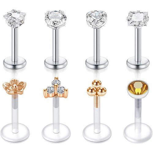 16g Acier Chirurgical Diamond Cz Boucle Piercing Oreille Tragus Clair Bioflex Retainer Labret Stud Piercing Lèvre Anneaux Piercing Helix 8 Pièces