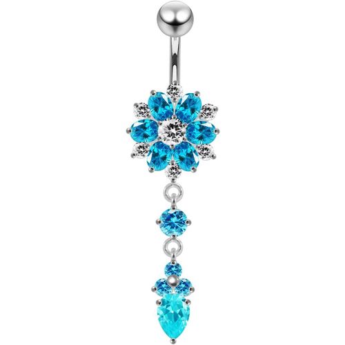 Fleur Double Couche Pierre Cz Avec Queue De Fleurs Pendantes 925 Argent Sterling Ventre Barre Piercing Bijoux