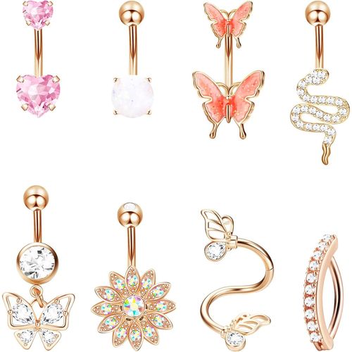 8 Pièces Piercing Nombril Anneau Or Argent Or Rose, Piercing Nombril Acier Inoxydable Anneau, Piercing Nombril Anneau Cubique Zircone Papillon C?ur Pour Femmes Fille Bijoux 14g 10mm
