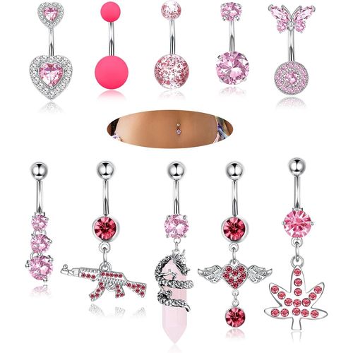 10 Pcs 14g Piercing Nombril Acier Chirurgical Coeur Papillon Grossesse Nombril Piercing Anneaux Rose Violet Bleu Percing Au Nombril Pendant Corporel Piercing Pour Femme Été Plage