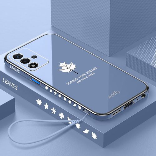 Etui Coque Pour Oppo A76 Bord Droit Galvanoplastie Feuille D'érable Tout Compris Étui En Silicone Souple Anti-Chute Étui Pour Téléphone Portable, [Bleu Marine] Feuille D'érable + Laniere