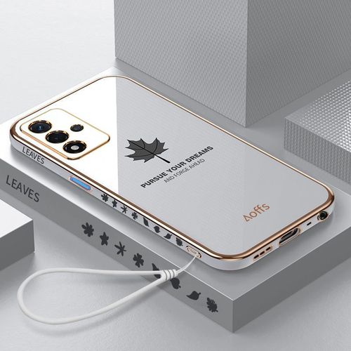 Etui Coque Pour Oppo A76 Bord Droit Galvanoplastie Feuille D'érable Tout Compris Étui En Silicone Souple Anti-Chute Étui Pour Téléphone Portable, [Blanc Élégant] Feuille D'érable + Laniere